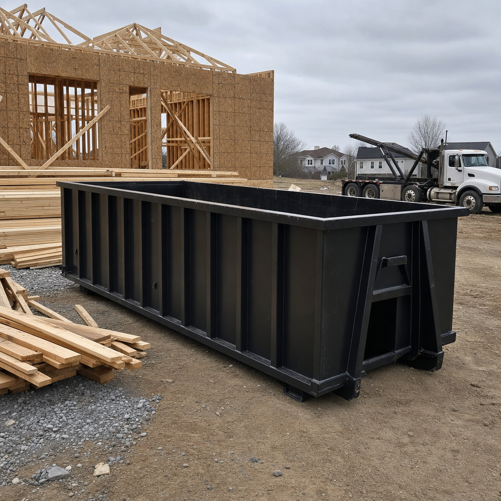 Matte-black 40-yard roll-off dumpster staged on a framed-out residential construction site in Rocky Hill, framing lumber stacked nearby, hooklift delivery truck visible in the background under bright Colorado daylight