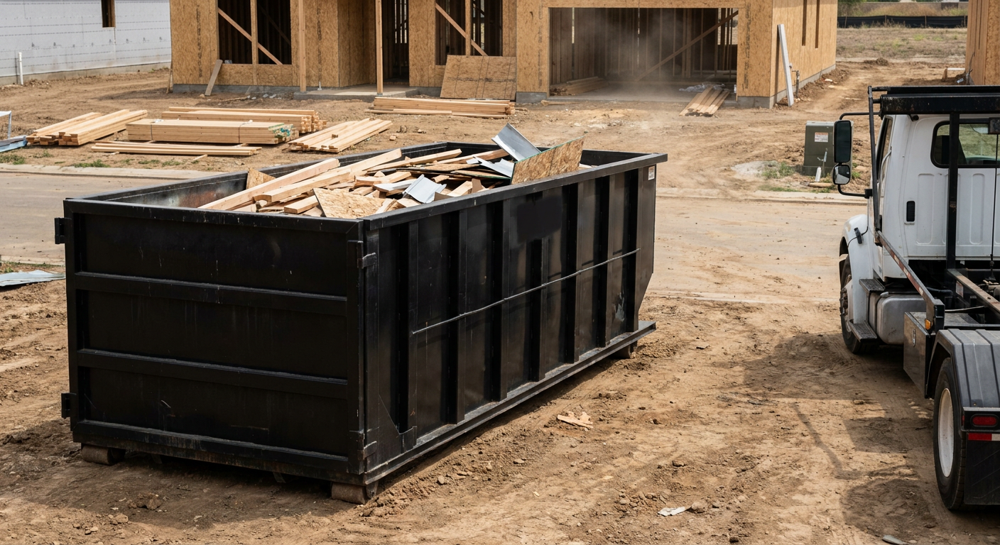 Matte-black 20-yard roll-off construction dumpster with heavy ribbed steel sidewalls and swing rear doors at a working jobsite in Rocky Hill, sitting directly on compacted dirt with an unmarked white hauler partially visible at the far edge of the frame.