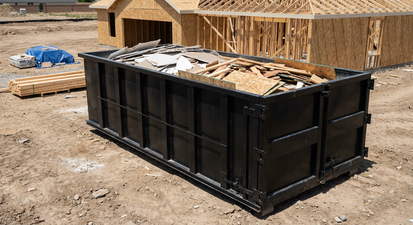 Matte-black 30-yard roll-off construction dumpster sitting directly on the compacted-dirt site of a framed single-family home build in Rocky Hill, drywall and lumber scrap loaded inside.