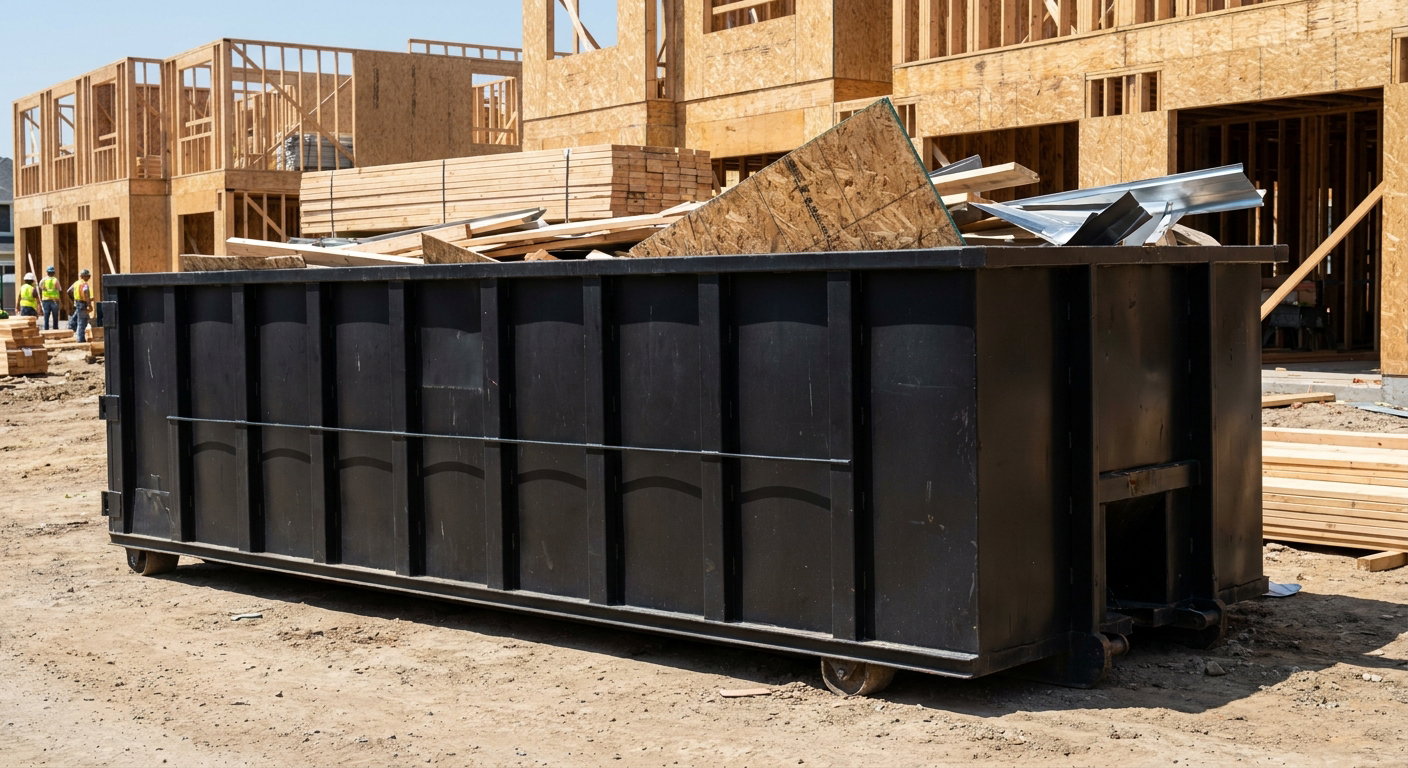 Matte-black 40-yard roll-off construction dumpster being lowered from a white-cab hooklift delivery truck onto the compacted-dirt jobsite at a commercial build site in Rocky Hill