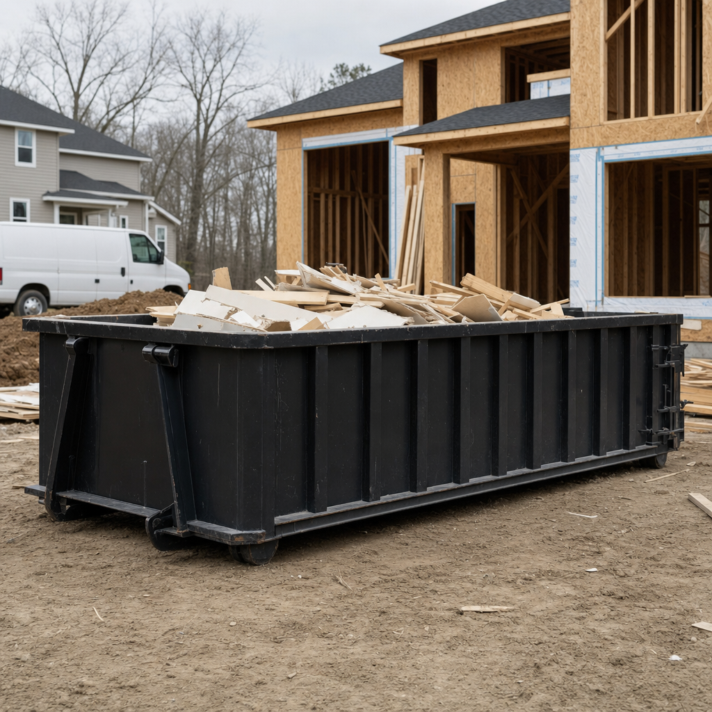 Worker in a yellow high-visibility vest tossing framing lumber and broken drywall into a matte-black 30-yard construction roll-off dumpster on an active build site in Rocky Hill, bright daylight