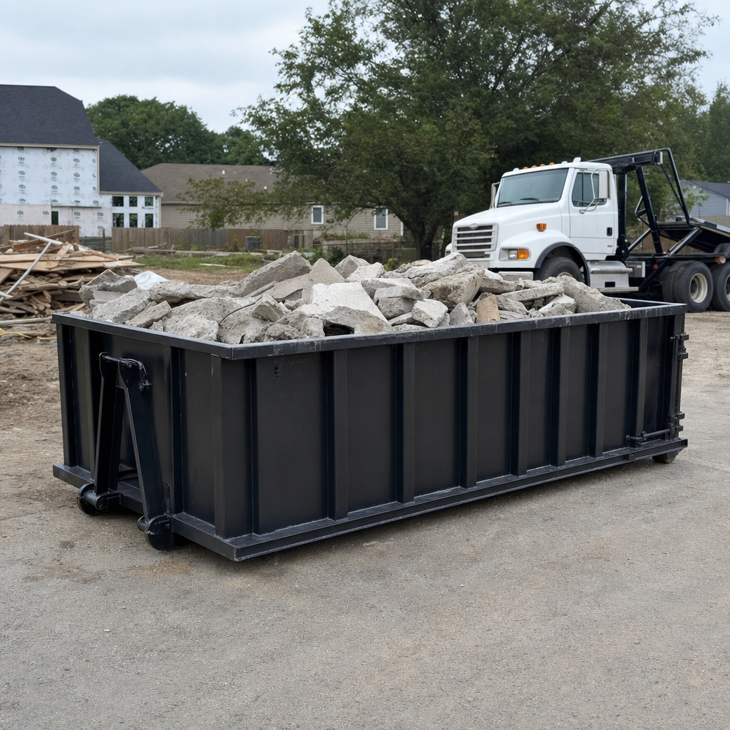 Low-profile matte-black lowboy roll-off dumpster loaded with broken concrete slab and rebar at a foundation tear-out in Rocky Hill, skid steer parked beside it, sunny Colorado morning