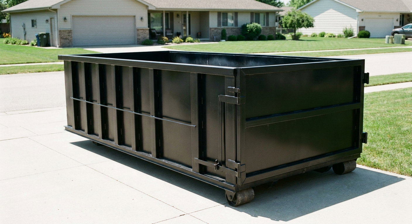 Matte-black 10-yard roll-off dumpster on a residential concrete driveway in Rocky Hill, uniformly painted matte black across every panel and rail, ribbed steel sidewalls and rear swing door visible, mid-day daylight.