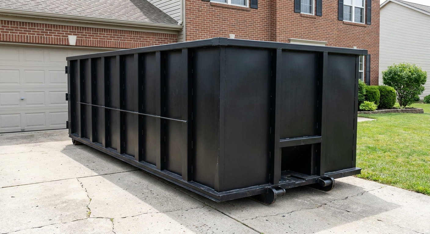Matte-black 20-yard roll-off container on a Rocky Hill residential concrete driveway with reinforced ribbed steel sidewalls and a hinged rear walk-in door, clean bright daylight.