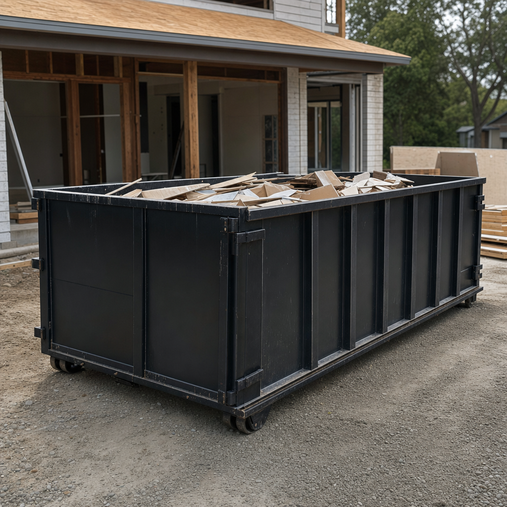 Large matte-black 30-yard construction roll-off dumpster at an active Rocky Hill jobsite, steel-gray top rails and bottom rollers visible, loaded with construction debris.
