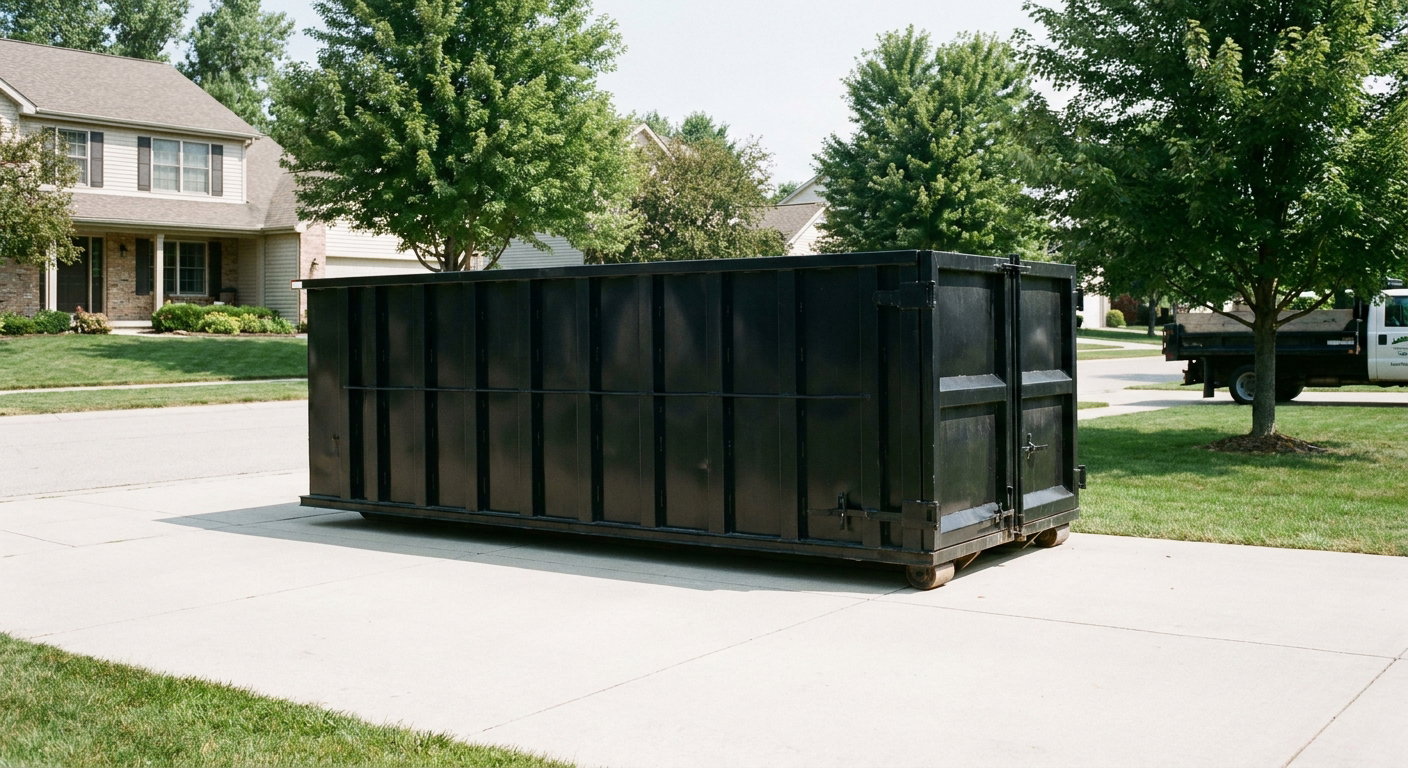 Matte-black 20-yard roll-off dumpster sitting level on a clean Rocky Hill residential concrete driveway under bright daylight, demonstrating clean placement directly on the concrete.