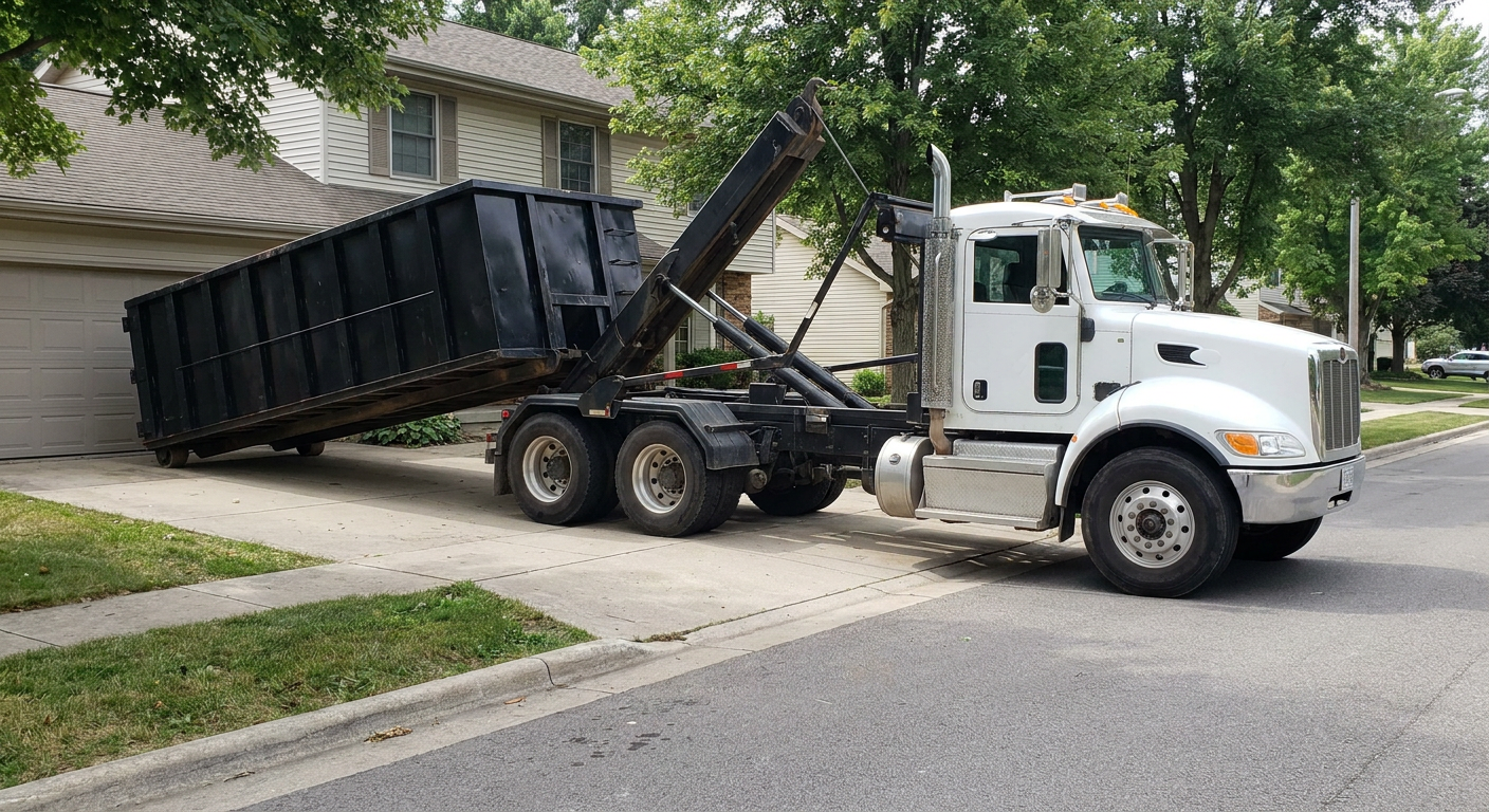 White-cab hooklift roll-off truck actively lowering a matte-black dumpster onto a Rocky Hill residential concrete driveway, the dumpster's rear wheels touching the driveway as the hoist arm tilts the bed forward, mid-morning daylight.