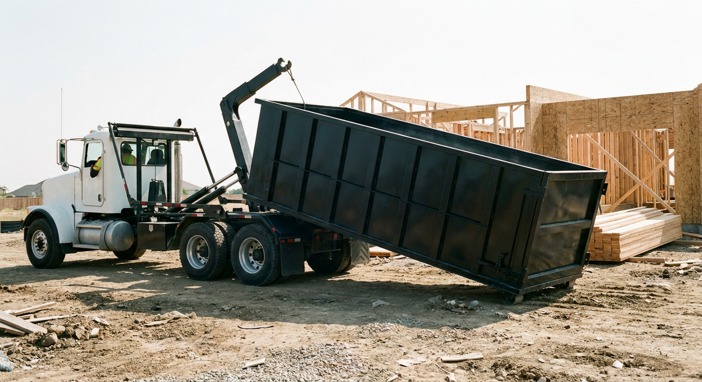Matte-black roll-off dumpster being delivered onto a clean residential concrete driveway in Rocky Hill by an unmarked white hooklift hauler truck, bright morning daylight, documentary 35mm perspective.