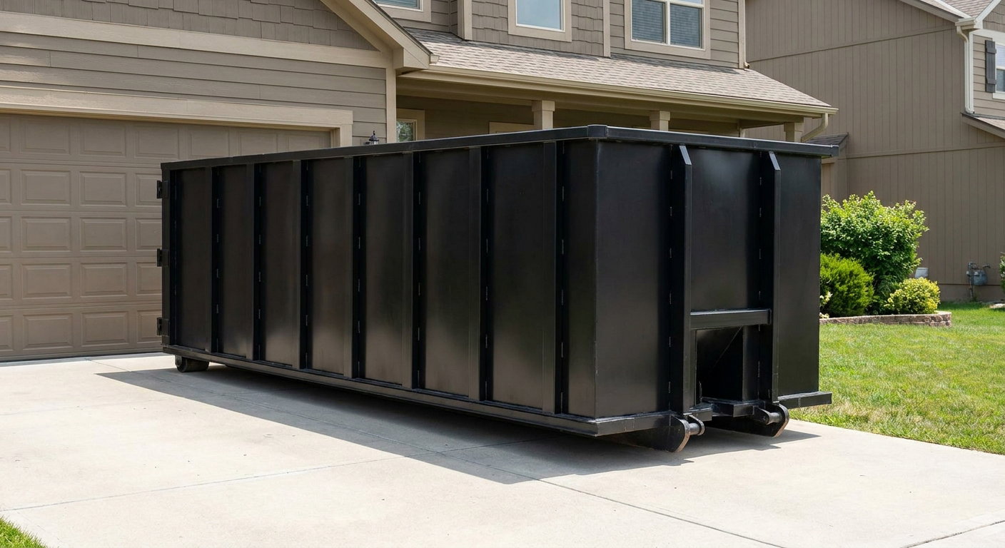 Matte-black residential roll-off dumpster sitting directly on a suburban Rocky Hill concrete driveway, garage door closed, single-family home in background, bright morning daylight.