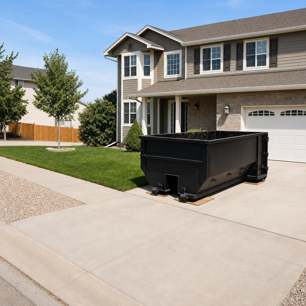 10-yard matte-black residential dumpster placed directly on a narrow Rocky Hill concrete driveway, room remains for a parked sedan beside it, mid-morning natural light