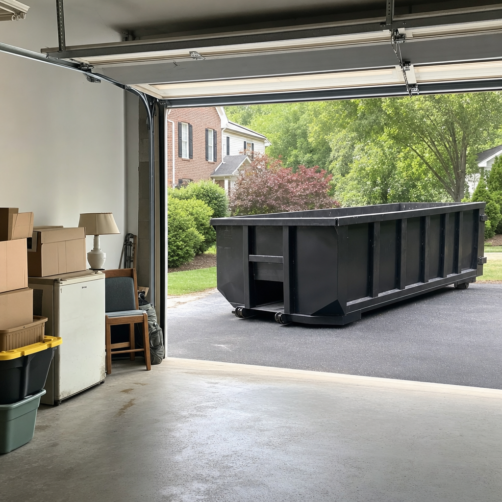 Open garage interior in a Rocky Hill home mid-cleanout — boxed items, an old appliance, and stacked yard tools queued near the driveway for a matte-black roll-off dumpster, organized and calm
