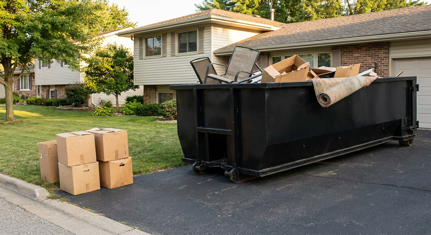 Front-yard view of a Rocky Hill split-level home with a 20-yard matte-black roll-off dumpster sitting directly on the asphalt driveway, a few clearly labeled donation boxes staged at the curb, calm sunny afternoon.