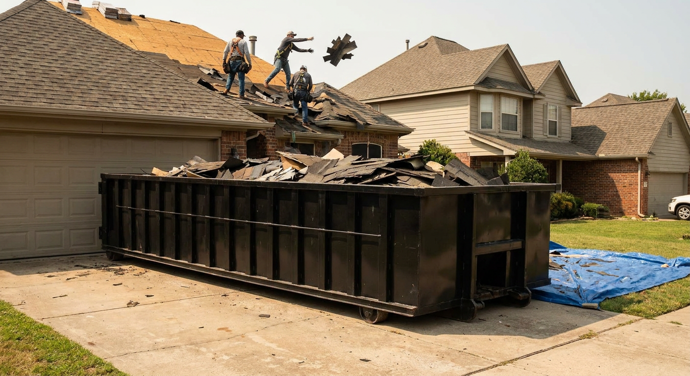 Matte-black roofing roll-off dumpster placed directly on a Rocky Hill residential concrete driveway, a tear-off crew on a two-story asphalt-shingle roof tossing shingle bundles into the low-walled container, bright daylight, documentary 35mm perspective.