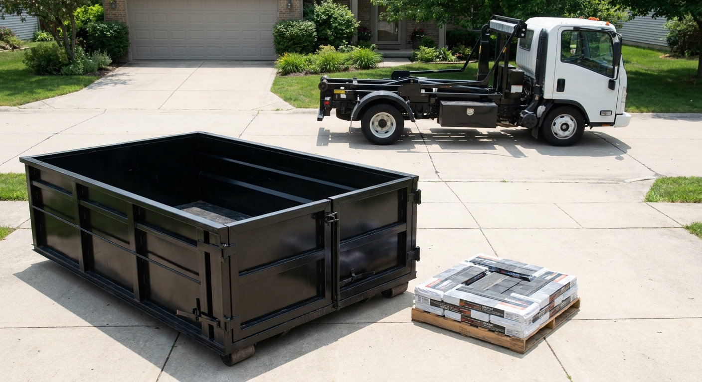 Matte-black 15-yard roofing roll-off dumpster with reinforced low side walls sitting directly on a Rocky Hill residential concrete driveway, three-tab asphalt shingle bundles stacked nearby, an unmarked white hauler truck partially visible at the edge of the frame.