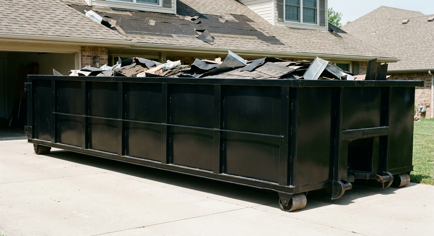 Matte-black 20-yard roofing roll-off dumpster with steel ribbed sides and swinging rear door, sitting directly on the concrete driveway of a two-story Rocky Hill home, asphalt shingle debris being loaded over the low wall, clean documentary lighting.
