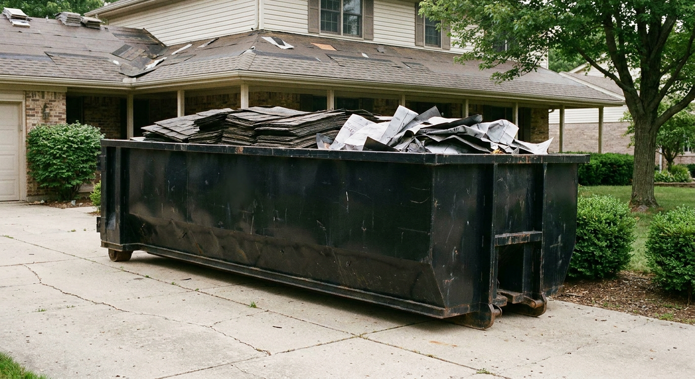 Matte-black 30-yard roofing roll-off dumpster sitting directly on a Rocky Hill concrete driveway, taller ribbed steel side panels, mixed tear-off debris of asphalt shingles and underlayment inside, professional documentary daylight.