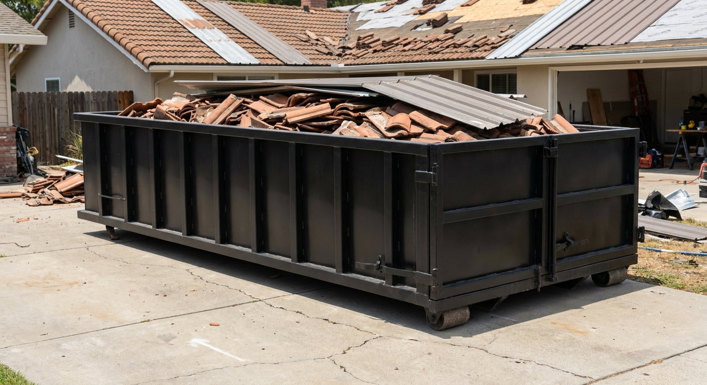 Matte-black low-wall heavy-debris roofing roll-off dumpster sitting directly on a Rocky Hill concrete driveway, broken concrete clay roof tiles and metal panel sections loaded inside, reinforced ribbed steel side walls visible, bright outdoor daylight.
