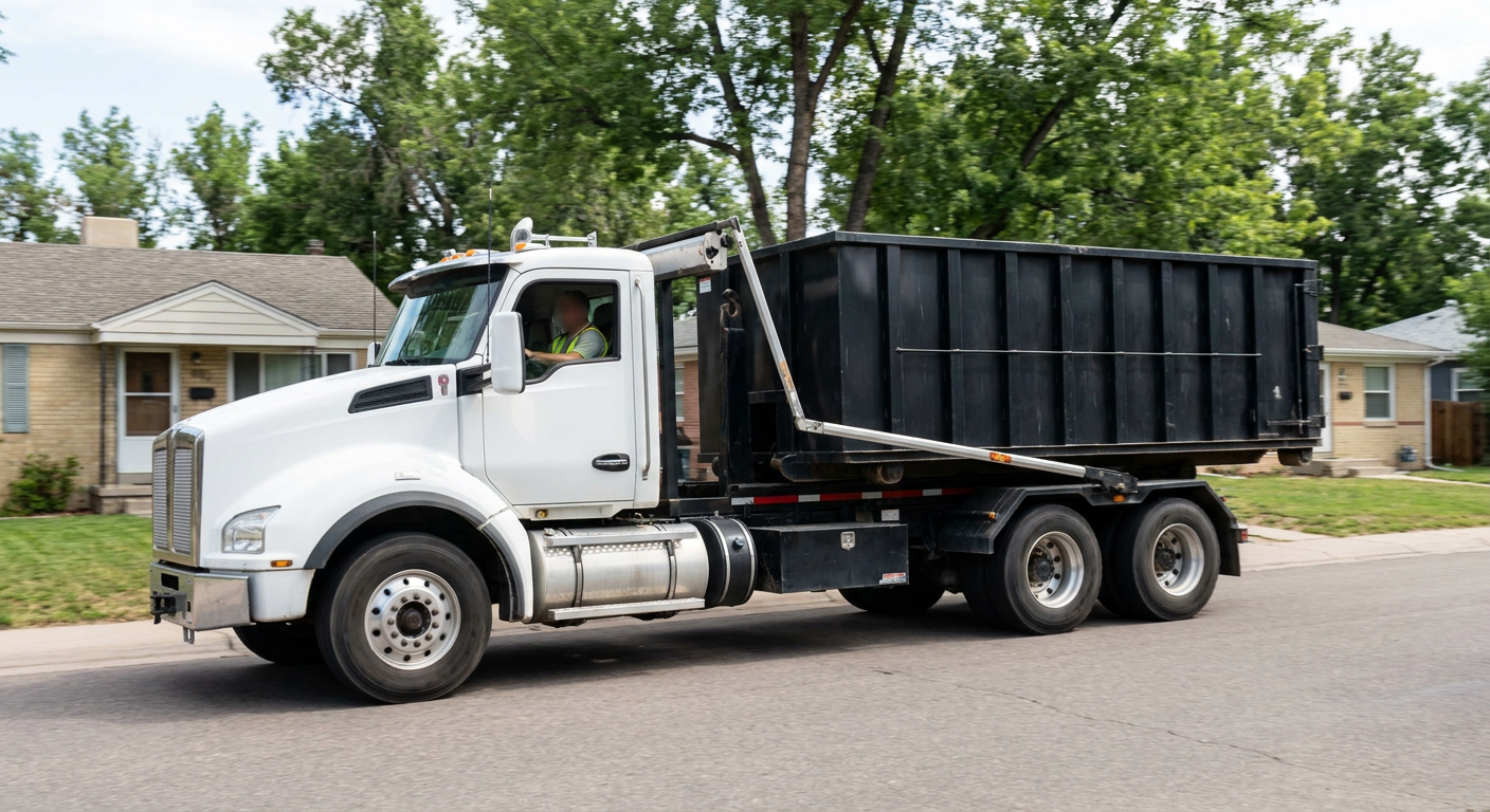 A wide documentary shot of a matte-black roll-off delivery truck pulling onto a quiet Rocky Hill residential street at mid-morning, with neighborhood rooftops and tree-lined blocks visible behind, showing the metro coverage footprint.