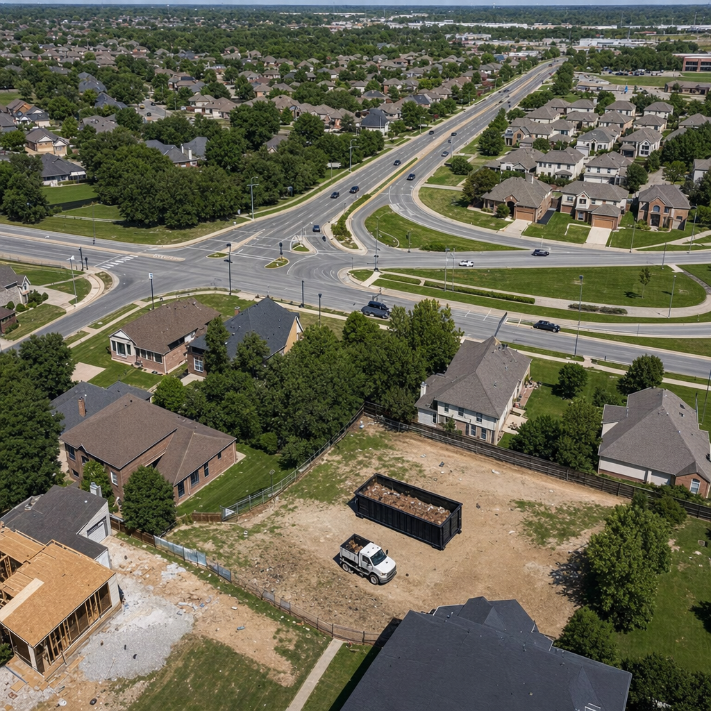 An overhead documentary view of the Rocky Hill metro area at midday, showing the spread of neighborhoods, arterial roads, and the dispatch radius from a central yard — clean daylight, organized geographic layout.