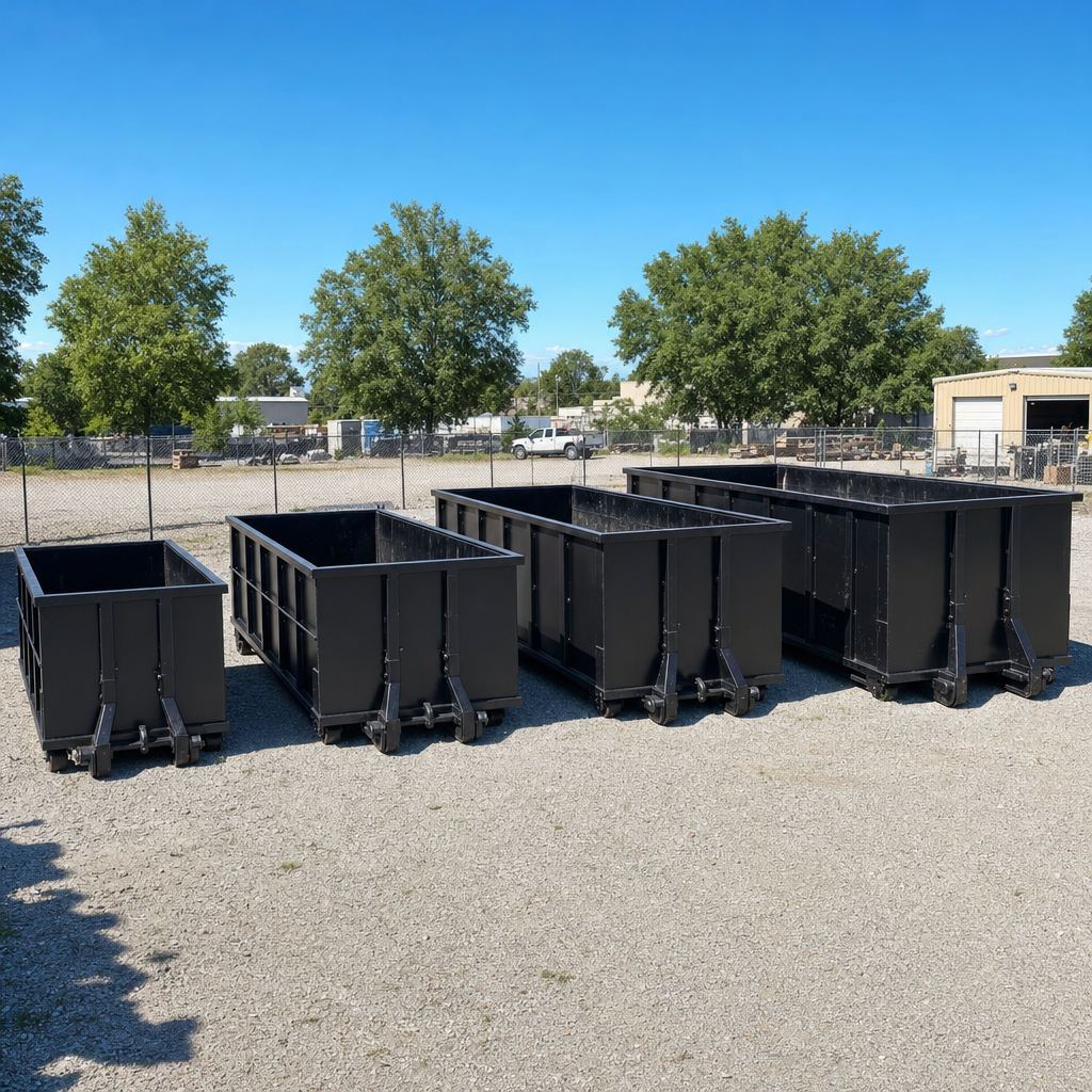 A clean lineup of matte-black roll-off dumpsters in 10, 20, 30, and 40-yard sizes staged on a sunlit gravel yard in Rocky Hill, showing the size progression from compact to commercial-scale containers.