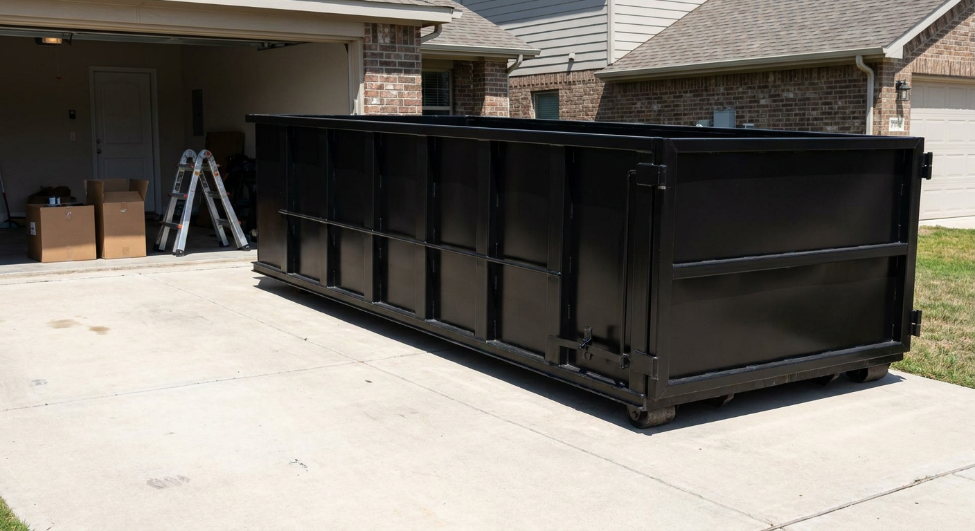 A matte-black 10-yard roll-off dumpster sitting directly on a residential Rocky Hill concrete driveway, mid-day sunlight, clean and ready for a garage cleanout.