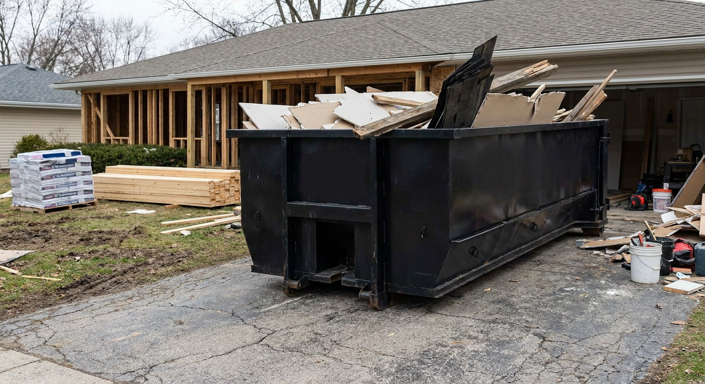 A matte-black 20-yard roll-off dumpster placed alongside a mid-renovation Rocky Hill home directly on the asphalt driveway, with framing materials and torn-off shingles staged neatly nearby.