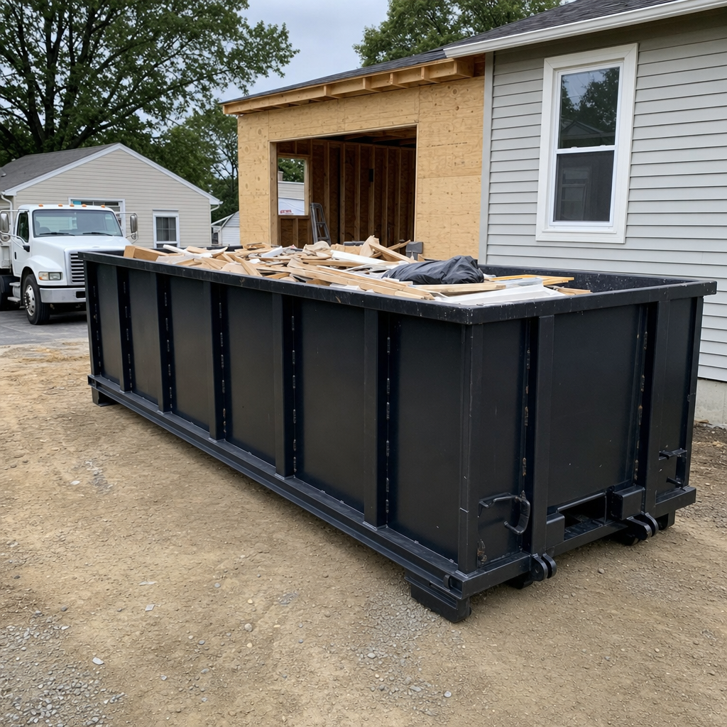 A matte-black 30-yard roll-off dumpster positioned at a Rocky Hill residential addition jobsite, with framing lumber and drywall scraps loaded through the open swinging rear doors.