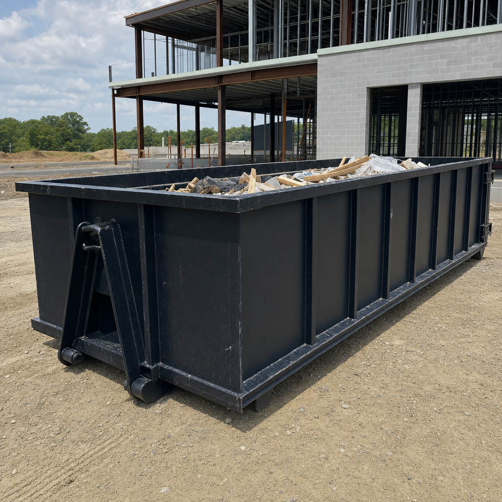 A matte-black 40-yard roll-off dumpster staged on a large Rocky Hill commercial construction lot, with a hooklift delivery truck parked alongside under bright midday sky.