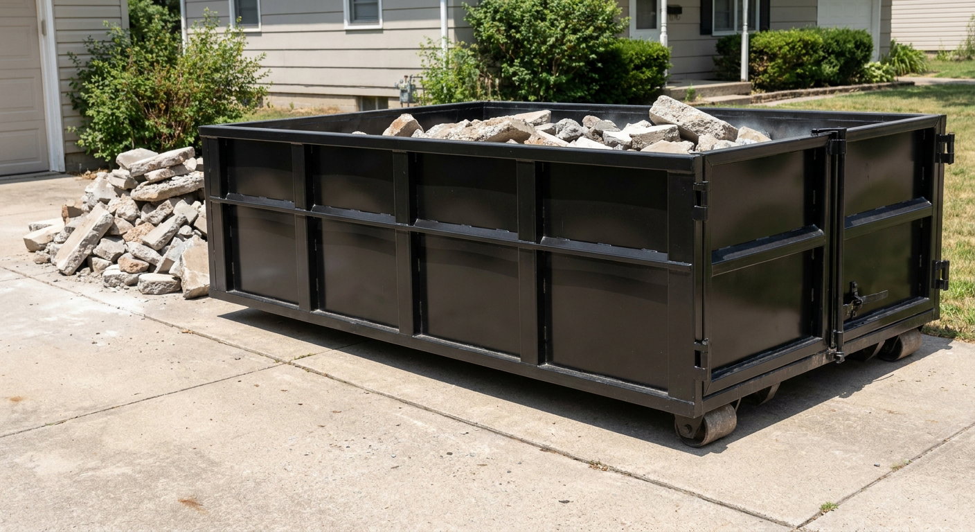 A matte-black low-side heavy-debris roll-off dumpster placed directly on a Rocky Hill concrete driveway, with broken concrete chunks neatly stacked beside it under clean daylight.